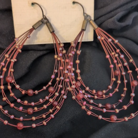 Robert Rose Rose-Pink Multi-Strand Beaded Hoop Boho Earrings - Picture 3 of 5